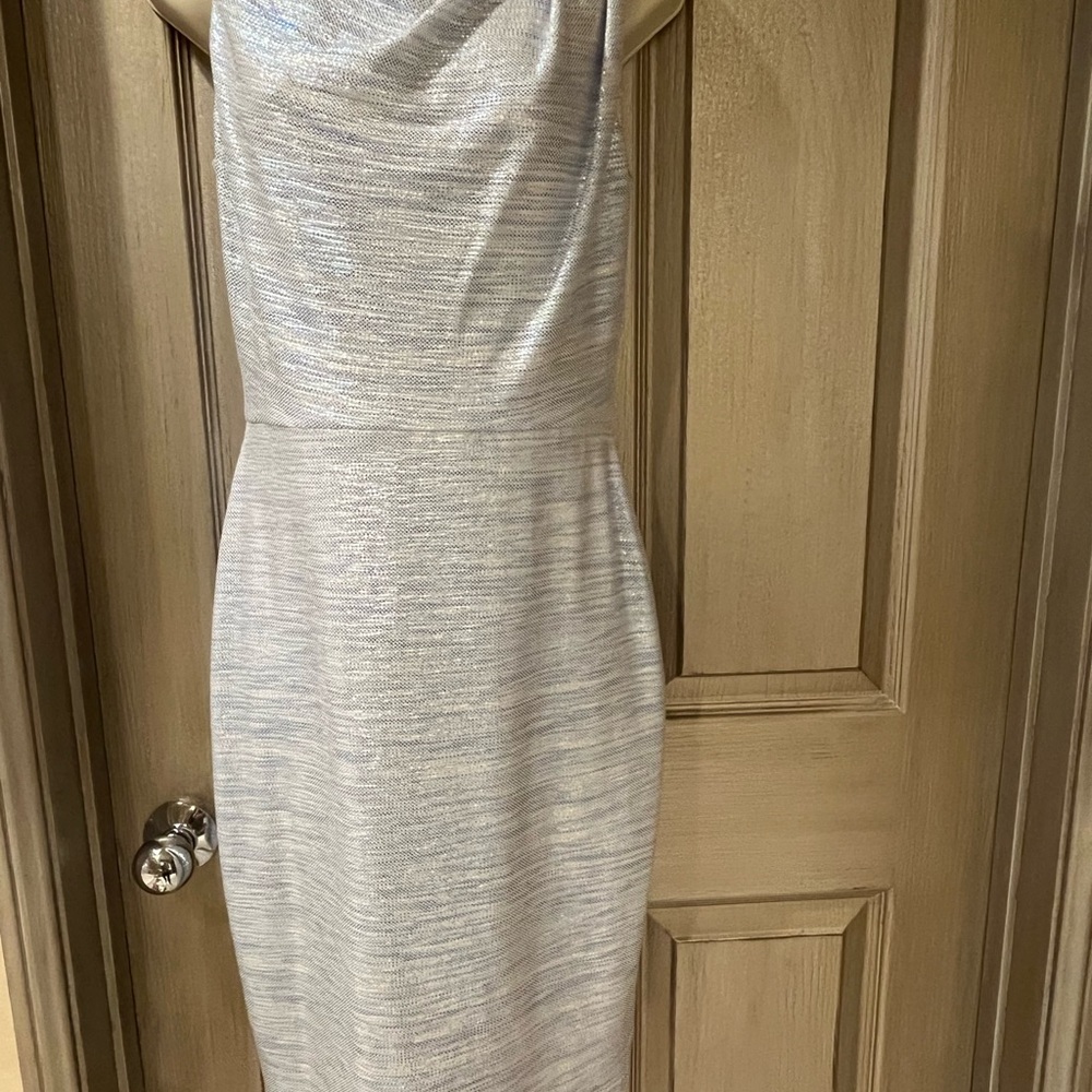 Black Halo Shimmering Silver Midi Dress